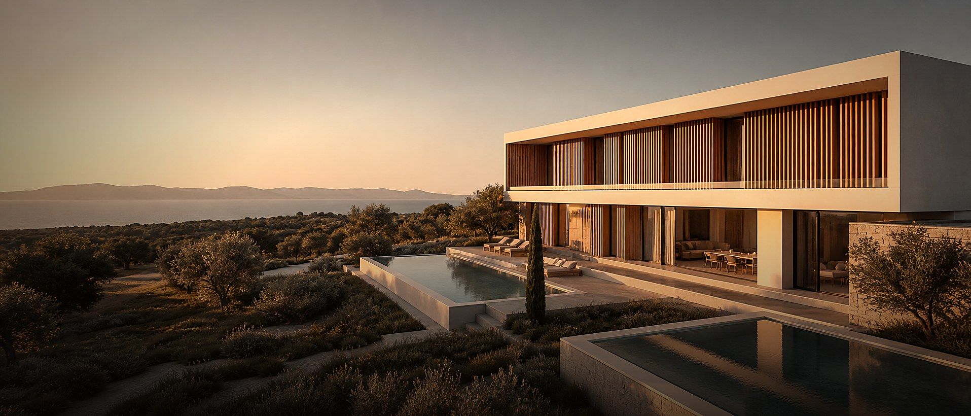 T Kurumsal — Modern villa, infinity pool, golden hour Ege manzarası